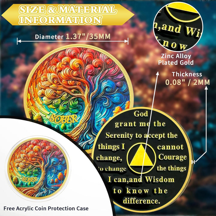 Tree of Life Sobriety Coin | AA Chip and Medallion with Serenity Prayer - Oil Painting Style Design, Celebrating Recovery Milestones, Beautiful Sobriety Gift for Men and Women