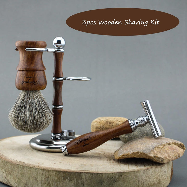 Wooden Shaving Kit for Men – 3 Pcs Double Edge Safety Razor Set with Pure Badger Hair Brush & Shaving Stand – Mens Grooming Kit Wet Shaving Gift Set.