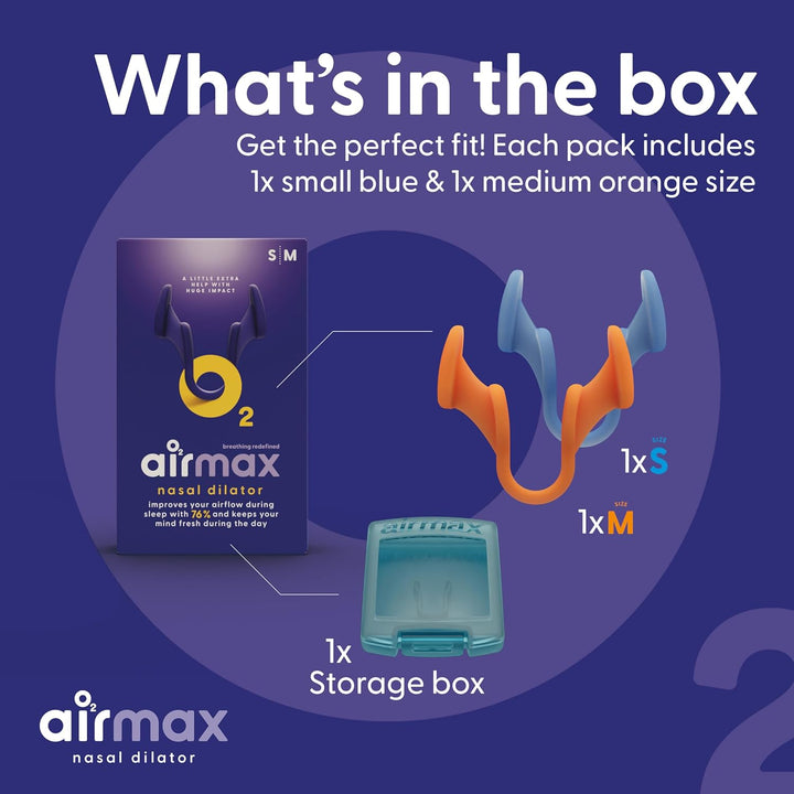 Airmax Nasal Dilator Trial Pack | anti Snore Device | 76% More Air for Better Breathing & Snoring Relief | Guaranteed Fit (1X Small & 1X Medium)