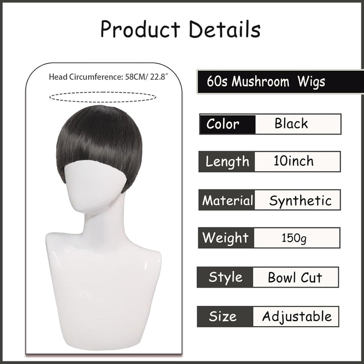 Short Black Straight Wig for Men Women, Short Mushroom Wig with Full Bang Funny Bowl Cut Hairstyle, Men'S 60S 70S 80S Hair Costume Movie Role Play Fancy Dress Cosplay Party Halloween (Black)