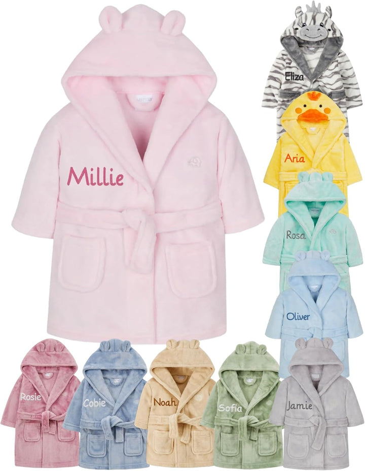 Personalised Baby Bathrobe Hooded Fleece Dressing Gown Super Soft Gifts Bath Robe for Boys Girls Cute Teddy Ears 0-4 Years