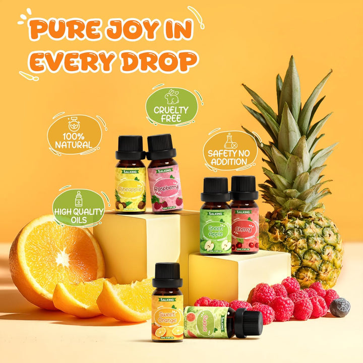 Fruity Essential Oils Set 6 X 10ML, Fragrance Oil Gift Set Scented Oils for Diffuser Candle Making - Pineapple, Guava, Raspberry, Green Apple, Orange, Cherry