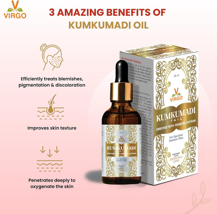 Ayurvedic Kumkumadi Oil with Premium Saffron | Face & Skin Treatment 25Ml - Reduce Early Age Wrinkles, Dark Spots, Pimples | Brighten Dull Skin Tone | Rejuvenating
