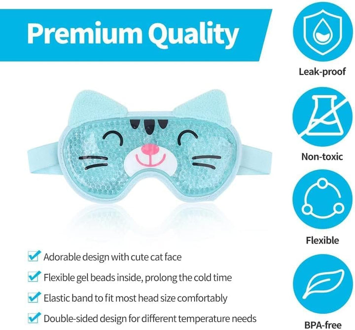 Gel Eye Mask - Reusable Hot/Cold Therapy Cooling Eye Mask with Plush Backing, Relief for Puffy Eyes, Dark Circles, Swollen Eyes, Headache, Migraine - Blue Cat