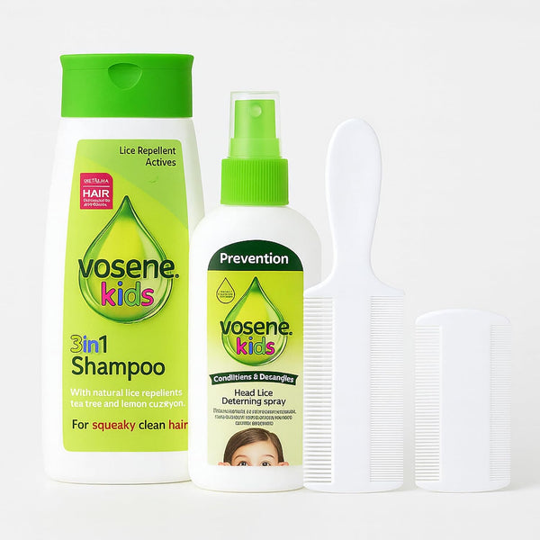 Vosene Head Lice Repellent Bundle Kit | 3-In-1 Head Lice Repellent Shampoo (250Ml) | Conditioning Defence Spray (150Ml) | Lice Comb with & without Handle 2PC, Natural Head Lice Treatment for Children