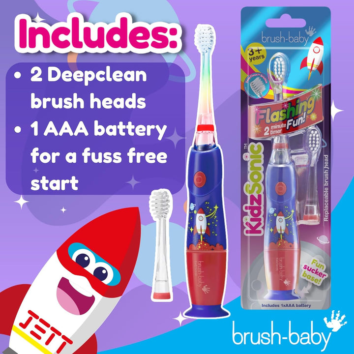 - Rocket Kidzsonic Kids Electric Toothbrush, 3+ Years - Deepclean Bristles, Suction Base - Fun Design with Flashing Disco Lights - 2 X Replacement Heads & 1 X AAA Battery