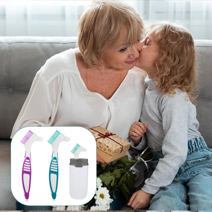 Denture Brush, 2Pcs Denture Toothbrush with Case,Multi-Layered Bristles Dental Brush,Ergonomic Rubber Handle for False Teeth Cleaning(Green,Purple)