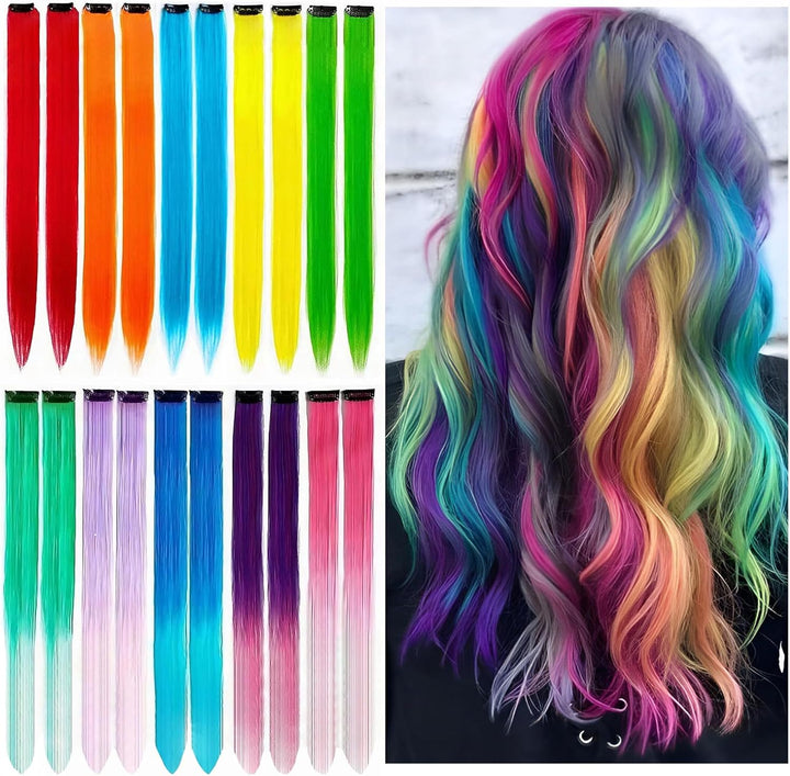 20PCS DIY Clip in Coloured Hair Extensions for Kids, Girls, Women - 22 Inch Silky Rainbow Straight Extensions, 10 Colours for Party Highlights and Crazy Hair Day