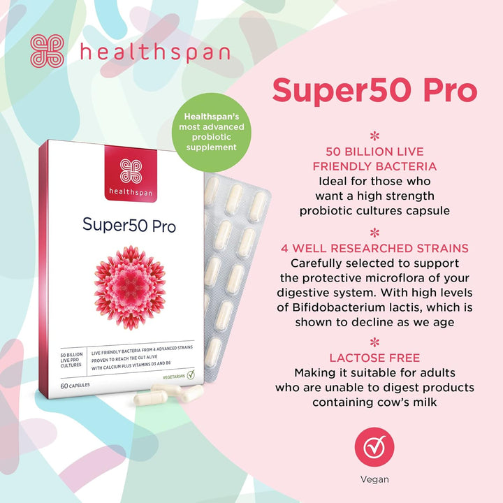 Super50 Probiotic | Gut Health | with Vitamin D3 | 50 Billion Live Probiotic Cultures | Vitamin B6 | Calcium | Vegetarian (60 Capsules)