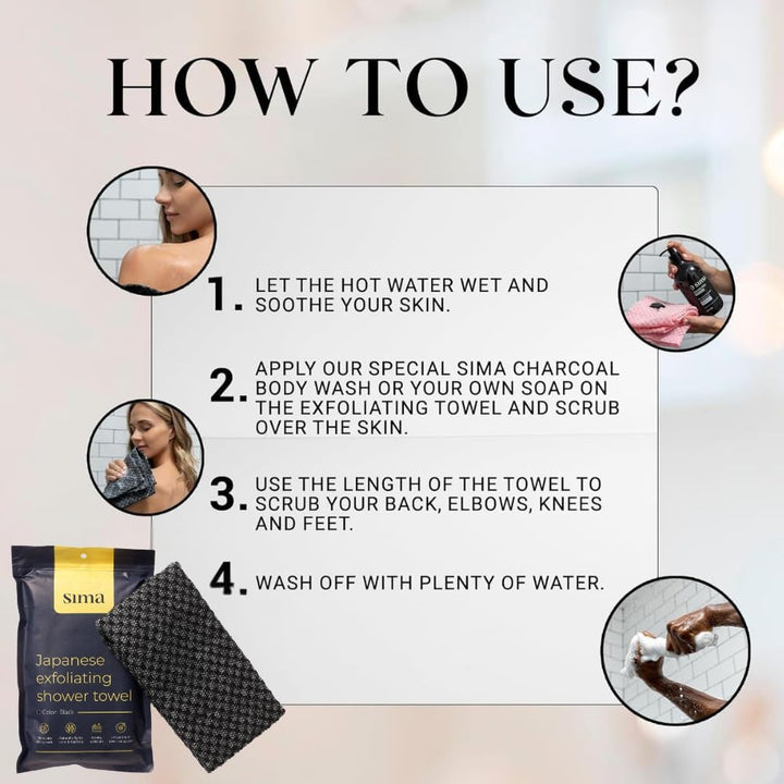 Exfoliating Washcloth Face & Body Scrub Towel - Japanese Exfoliating with Hexagon Fibers, Body Scrubber with 2 Sides for Scrubbing & Washing, Extra Long Towel (Black)