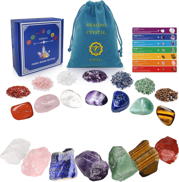 Healing Crystal for Beginners 7 Chakra Crystal Set,23 Pcs Healing Crystal Wiccan Reiki Gift,3 Types of Gemstones,Natural Gemstones,Raw Stones,Crystal Gravel with Instruction