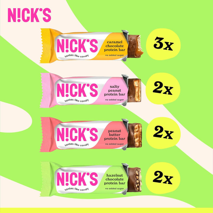 NICKS Protein Bar Mix Box, Keto Snack Bars 4G Net Carbs, 15G Protein, 5G Collagen No Added Sugar Gluten Free Low Carb Snacks (9X50G)