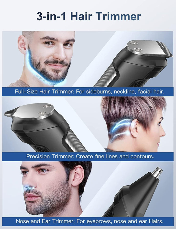 Beard Trimmer Hair Clippers Men, Nose & Ear Trimmer, 9-In-1 Body Groomer Men Kit, Cordless Rechargeable Hair Clippers with 7 Limit Combs, Stainless Steel Blades, 100% Waterproof Extra Long Life