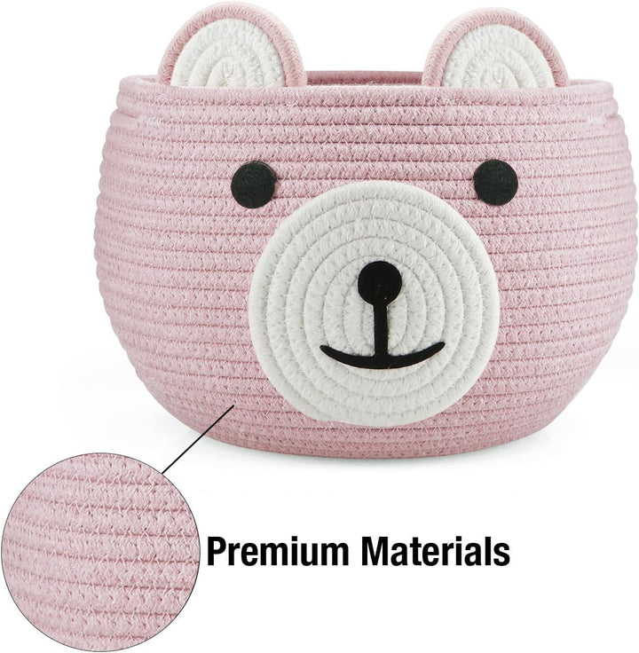 Cotton Rope Baby Basket, Baby Gift Basket Nursery Laundry Organizer with Cute Bear Design for Storage Infant Newborn Essentials, Diaper Caddy with Handle (Pink)