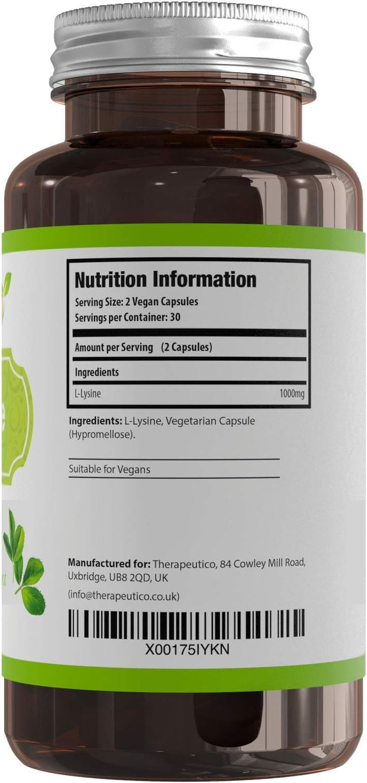 L-Lysine Capsules | Split Dose | 1000Mg Serving | Easy Swallow Capsules | 60 Vegan Capsules | UK Made | No Binders, Fillers, Additives