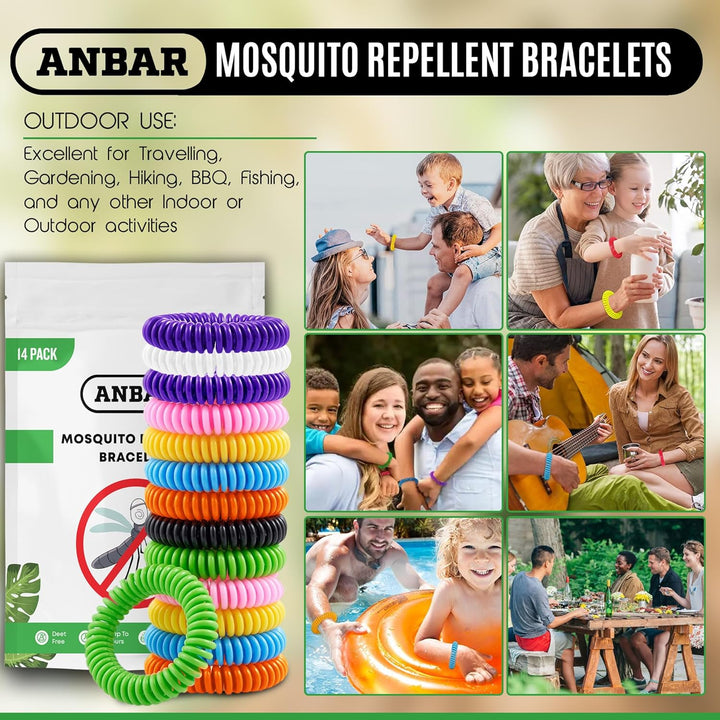 Mosquito Repellent Bracelets Bands for Adults and Kids, 14 Pack, All-Natural Deet-Free, Non-Toxic Protection, Stretchy Waterproof Anti-Mosquito Wristbands for Hiking and Camping