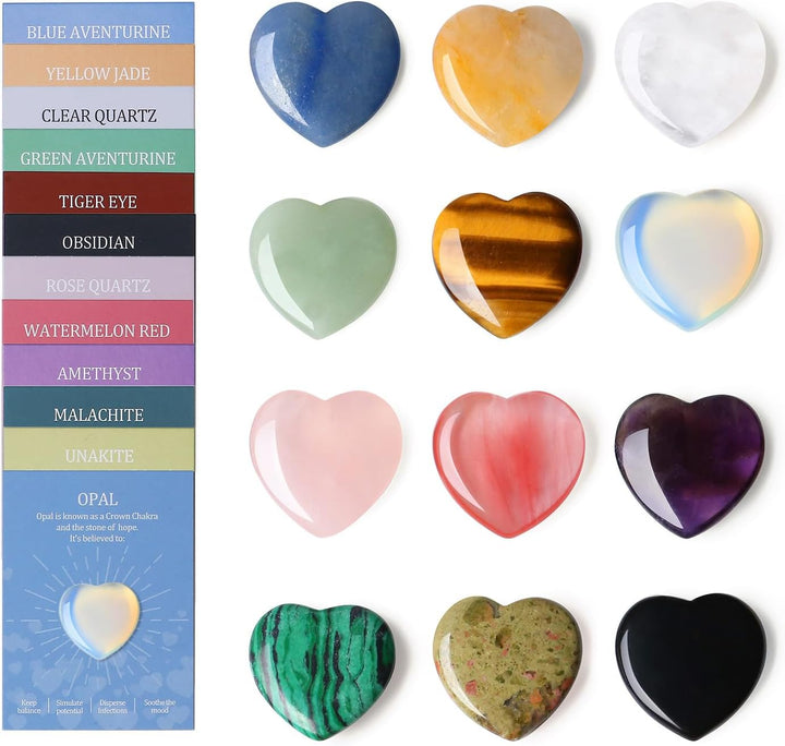 24 Pcs Crystal Gifts for Women Heart Crystals Set Assorted Healing Crystal Stones for Beginners Polished Pocket Stone Spiritual Gifts for Women（12Pcs Crystals ＆ 12Pcs Cards）