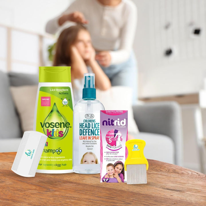 Head Lice Treatment Kit with 1 X Nitrid Headlice Treatment Spray 120Ml, 1 X Vosene 3-In-1 Lice Shampoo, 1 X Dr J'S Head Lice Defence Spray Bundle with 2 X  Nit Combs