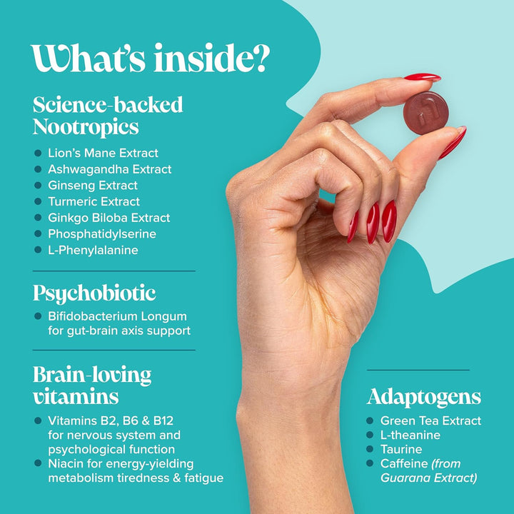 Focus Gummies - Ashwagandha, Lions Mane, Gingko Biloba, Vitamin B12 & Caffeine - 1-Month Supply - Focus, Memory & Energy Support - Gluten-Free Nootropics & Mushrooms - 60 Gummies -