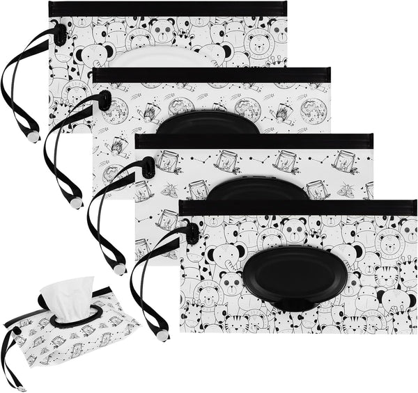 4 Pack Reusable Wipe Case, Extra Large 10" X 6" Refillable Wipe Dispenser Travel Container in Black and White