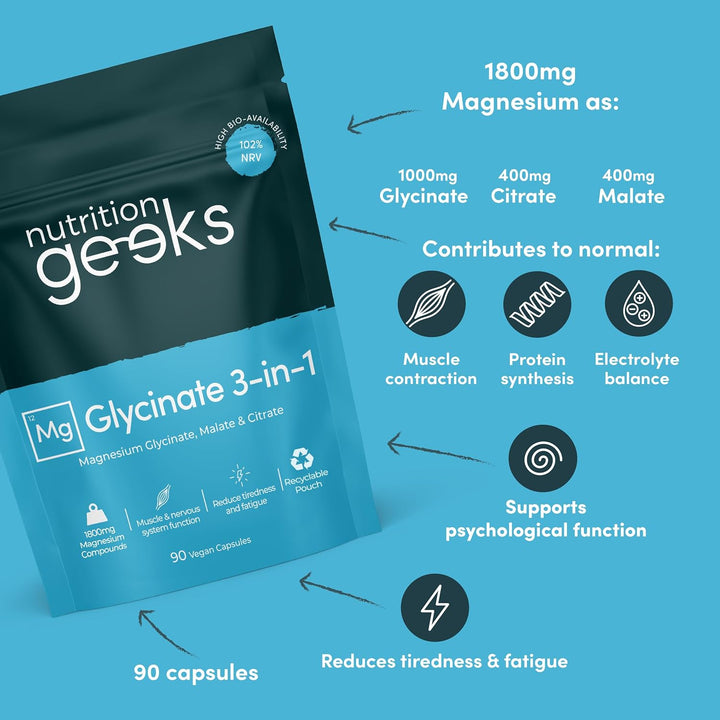 Magnesium Glycinate 3-In-1 Complex - 1800Mg Supplements as Bisglycinate, Citrate & Malate 90 Vegan Capsules, Triple High Absorption 384Mg Elemental, UK Made (Packaging Design May Vary)