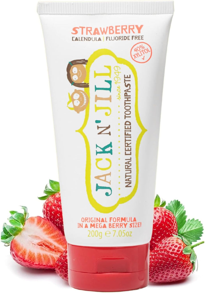 Jack N’ Jill Natural Certified Kids Toothpaste – Fluoride-Free Toddler & Baby Toothpaste with 40% Xylitol, No Sugar, Suitable from 6 Months+, Banana & Strawberry Flavour, Pack of 2 (50G Each)
