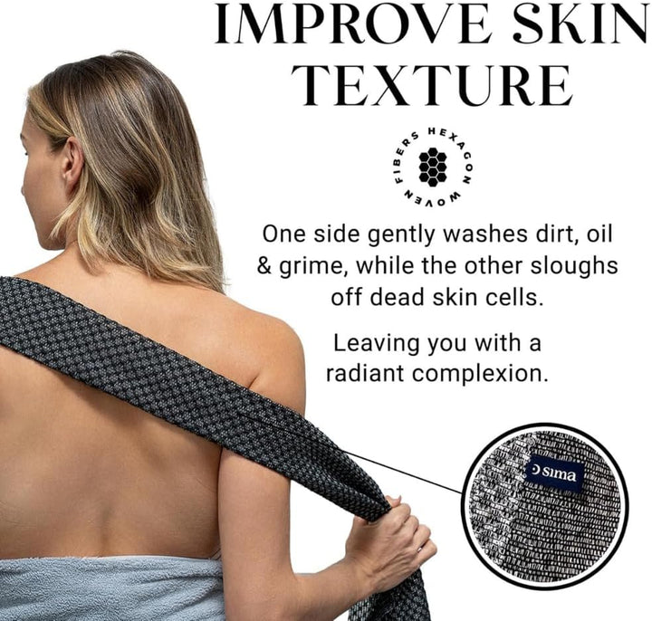 Exfoliating Washcloth Face & Body Scrub Towel - Japanese Exfoliating with Hexagon Fibers, Body Scrubber with 2 Sides for Scrubbing & Washing, Extra Long Towel (Black)
