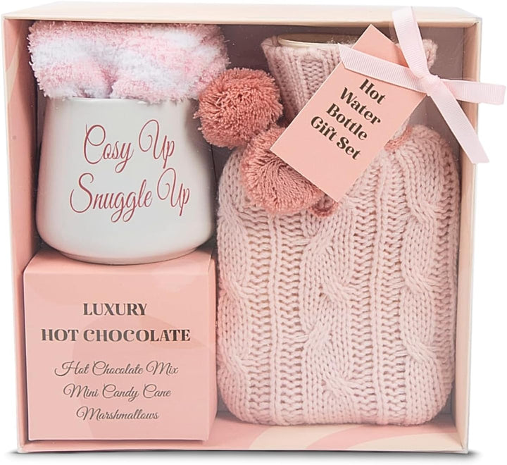 Hot Chocolate Gift Set with Mug | Small Hot Water Bottle with Cover | Fluffy Socks | Cosy Pink Ribbon Balls | Christmas Gifts for Women Her | Novelty Girls Ladies Xmas House Couple Home Mum Auntie (1)