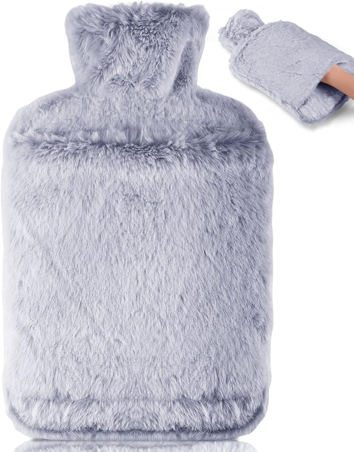 Hot Water Bottle with Luxury Cosy Faux Fur Cover,2L Leakproof Large Hot Water Bag for Neck,Shoulder,Hand Feet Warmer,Gifts for Women,Men(Grey)