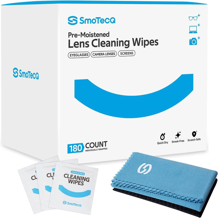 Lens Cleaning Kit – 180 Pre-Moistened Wipes & 2 Ultra-Soft Microfiber Cloths, Individually Wrapped, Streak-Free & Scratch-Free, Safe for Eyeglasses, Screens & Camera Lenses