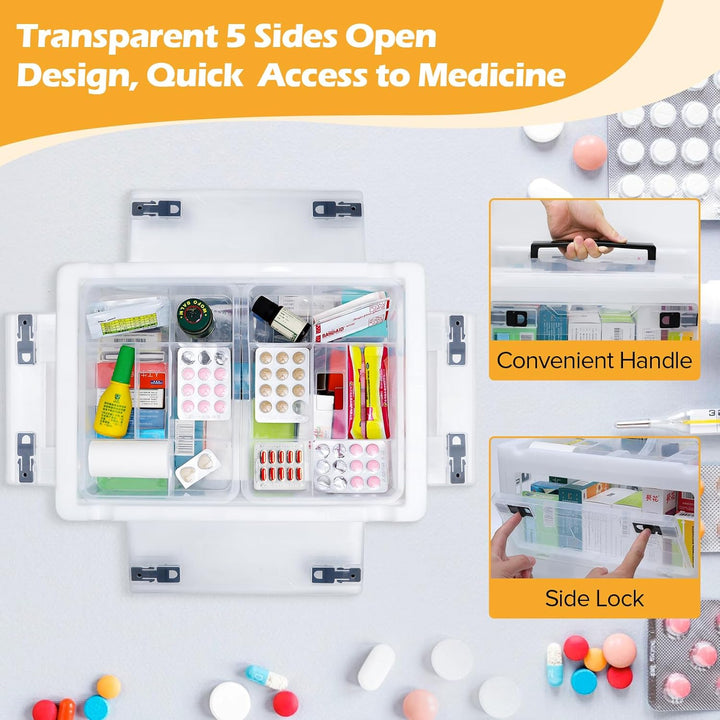 Extra Large Medicine Storage Box with Handles and Wheels, First Aid Box Clear Medicine Organiser with Removable Tray, Multipurpose Plastic Medication Storage Boxes