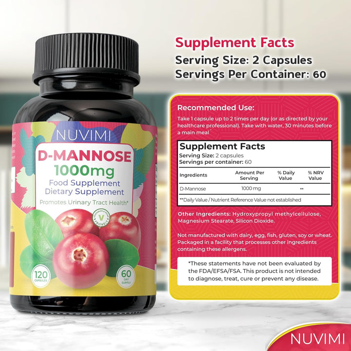 D Mannose 120 Capsules, 1000 Mg per Dose, Promotes Urinary Tract Health, Natural Vegan UTI Defence by ®