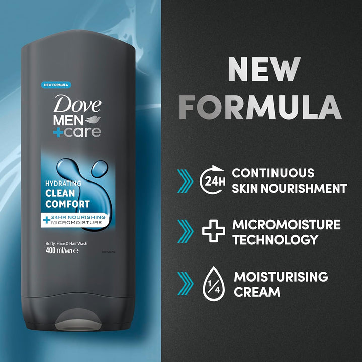 Dove Men+Care Hydrating Clean Comfort Men'S 3-In-1 Hair, Face and Body Wash Body Cleanser Shower Gel with 24 Hour Nourishing Micromoisture Technology for Relaxed and Re-Energised Skin 400 Ml