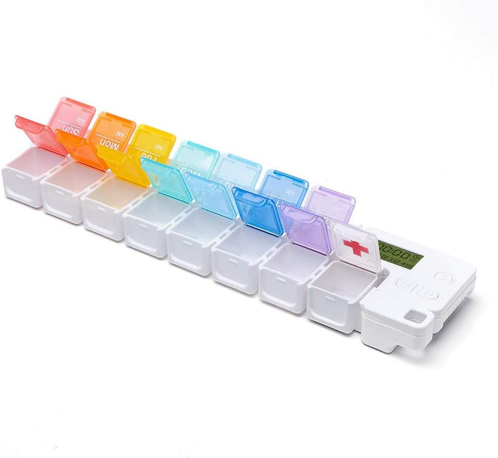 Portable Pill Box with Smart Reminder Alarm, 14 Grids Intelligent Electronic Digital Timer AM and PM Medicine Dispenser, Weakly Pill Organiser for Outdoor Travel Work