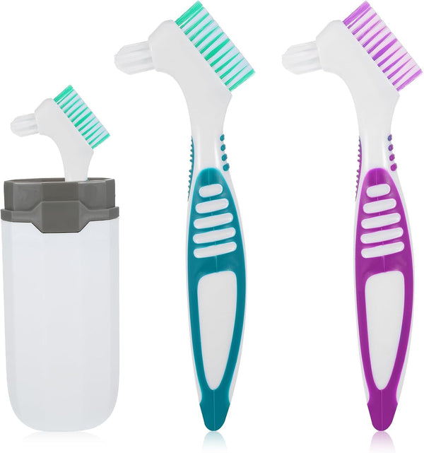 Denture Brush, 2Pcs Denture Toothbrush with Case,Multi-Layered Bristles Dental Brush,Ergonomic Rubber Handle for False Teeth Cleaning(Green,Purple)
