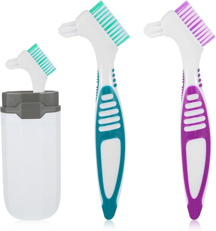 Denture Brush, 2Pcs Denture Toothbrush with Case,Multi-Layered Bristles Dental Brush,Ergonomic Rubber Handle for False Teeth Cleaning(Green,Purple)