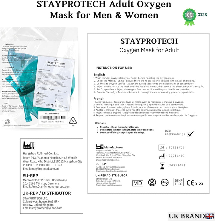 Oxygen Mask with 2.1M Long Tubing, Boosts Oxygen & Enhances Oxygen Therapy, Comfortable Fit, Adjustable Strap & Soft PVC Material. Oxygen Mask for Home Use, (Adult Size)