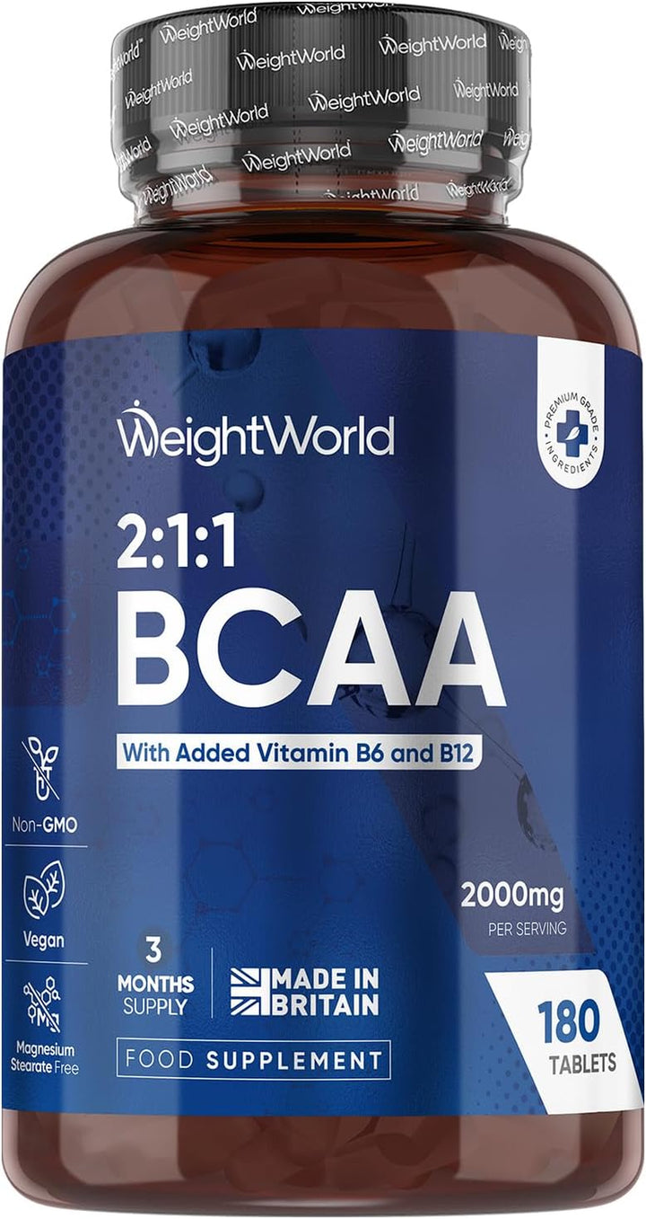 BCAA Tablets 2000Mg - 180 Tablets - with Key Amino Acids - Vitamin B6 & B12-3 Months Supply - Vegan BCAA Supplement - for Men & Women - Vegan & Non-Gmo