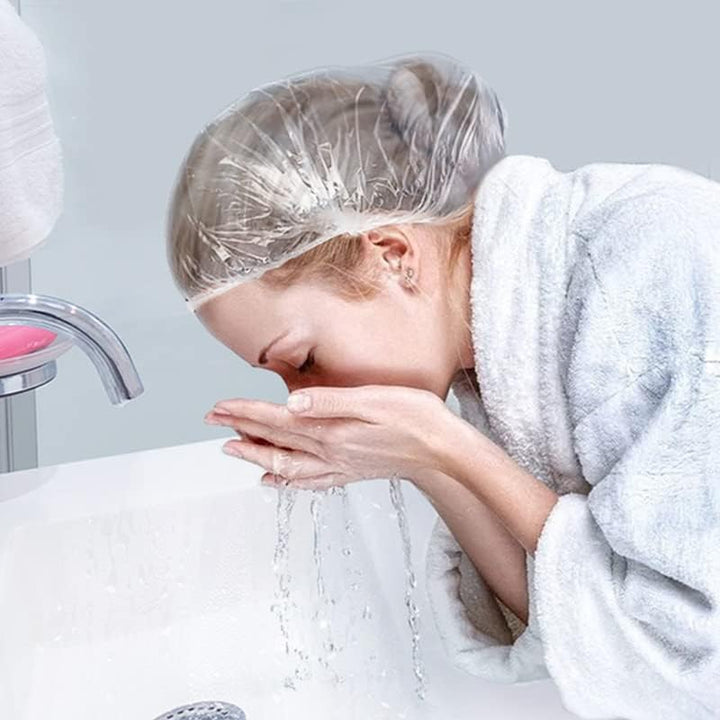 Shower Cap Disposable, 50 PCS Bath Caps Large Thick Clear Waterproof Plastic Elastic Hair Bath Caps for Women Kids Girls, Travel Spa, Hotel and Hair Solon, Home Use