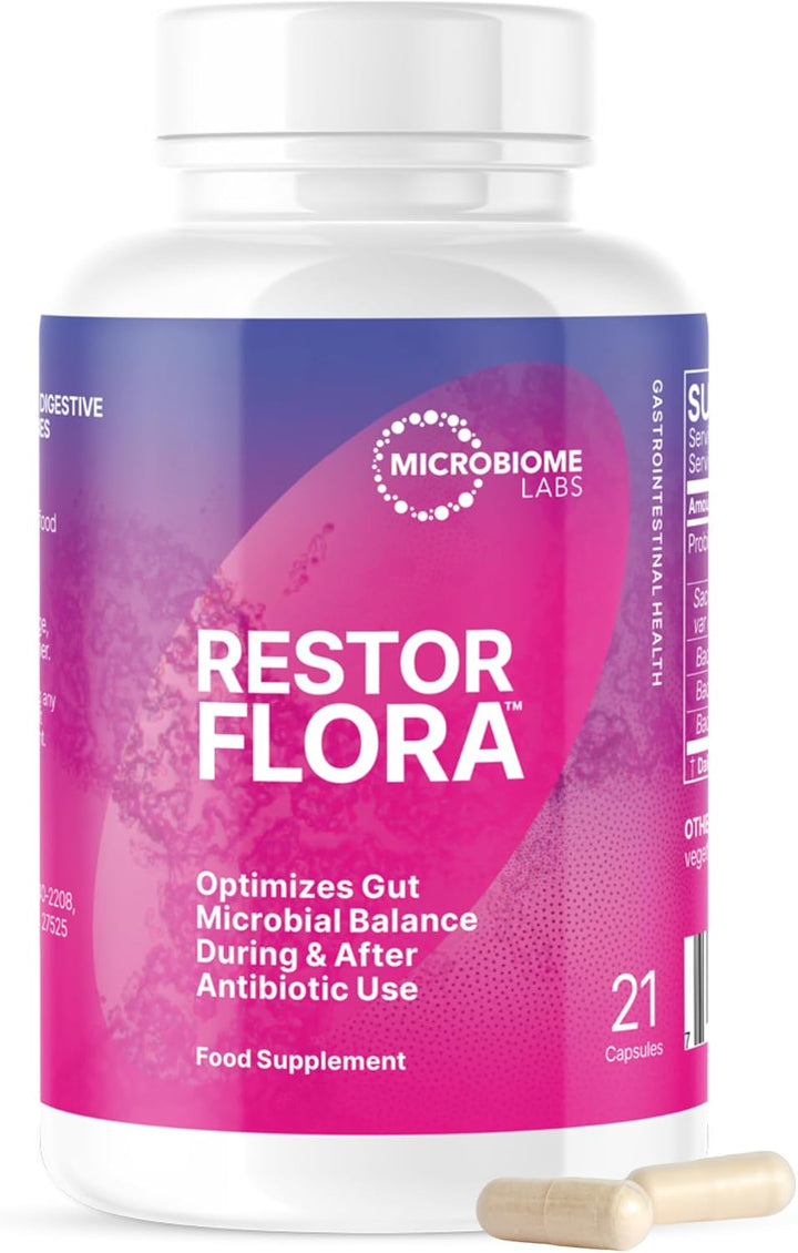 Restorflora 21 – Vegan Probiotic Supplement with Saccharomyces Boulardii and Bacillus Spores – Gut Health and Digestive Support – Yeast & Spore Probiotics for Men & Women, 21 Capsules