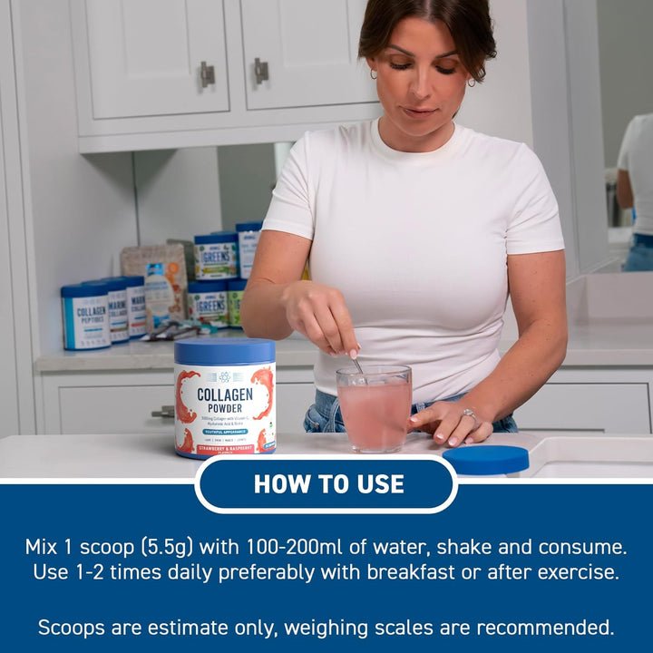 Collagen Powder - Strawberry & Raspberry Flavour - 5000Mg Hydrolysed Bovine Flavoured Collagen Peptides with Vitamin C, Hyaluronic Acid & Biotin (165G - 30 Servings)