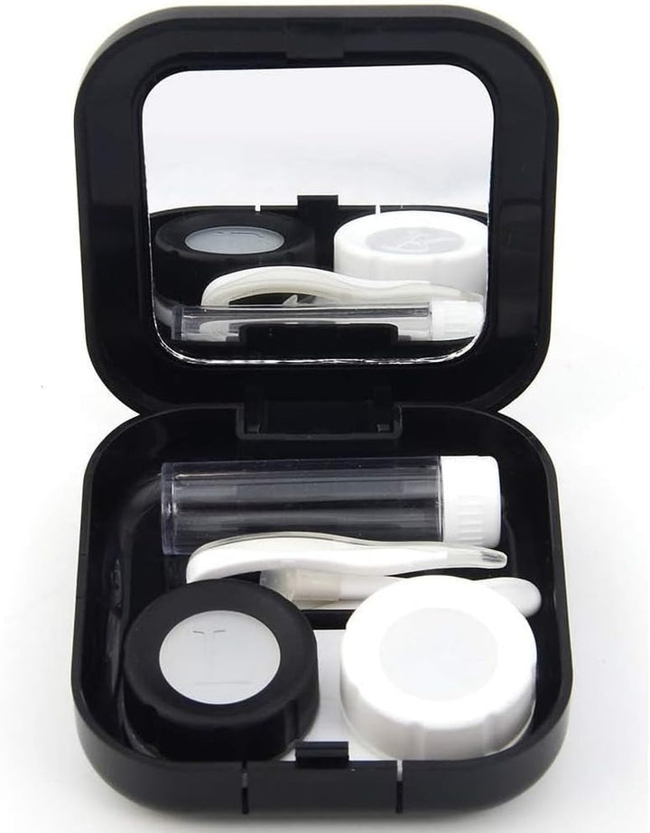 Contact Lens Case with Mirror - Contact Lens Box Holder Container, Outdoor Mini Contact Lens Soak Storage Kit with L and R Caps for Travel & Home (Black)