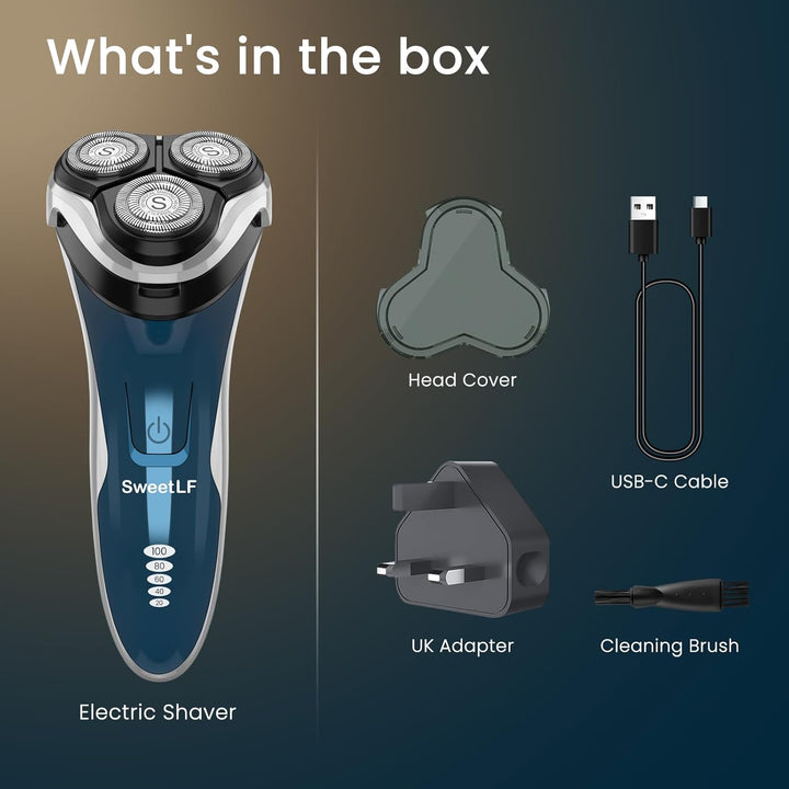 Electric Razor for Men, 120 Min Shaving, Fast UK Adapter (1H Charging),100% Waterproof, Wet & Dry Rotary Shavers for Men with Pop-Up Trimmer, LED Display, Dark Blue