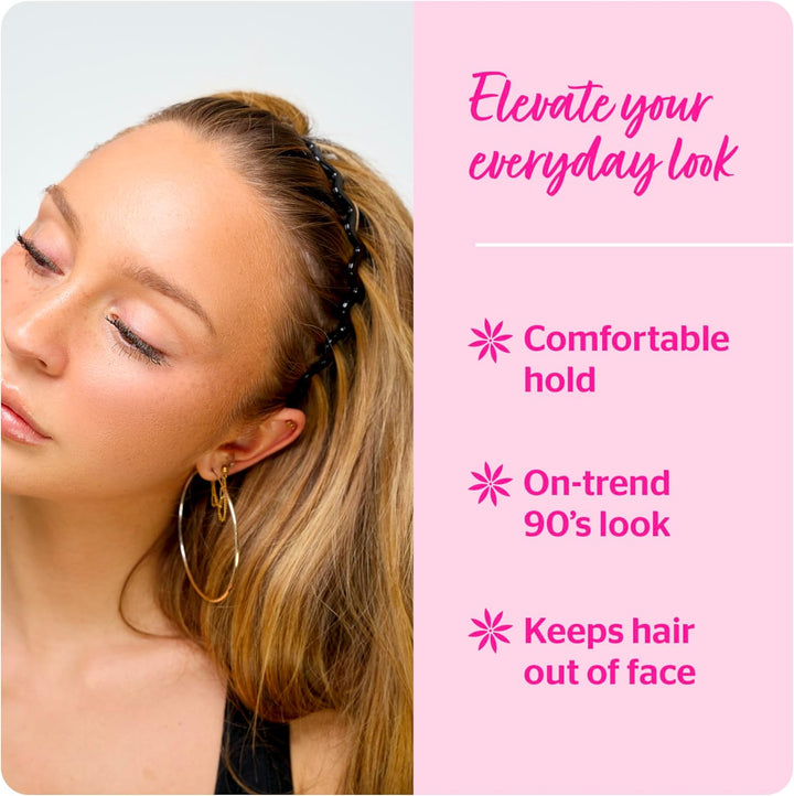 Zig-Zag Headband 3-Pack – Retro-Modern Hair Accessory (Shiny Black, Matte Black, Tortoise) – Durable, Comfortable Grip