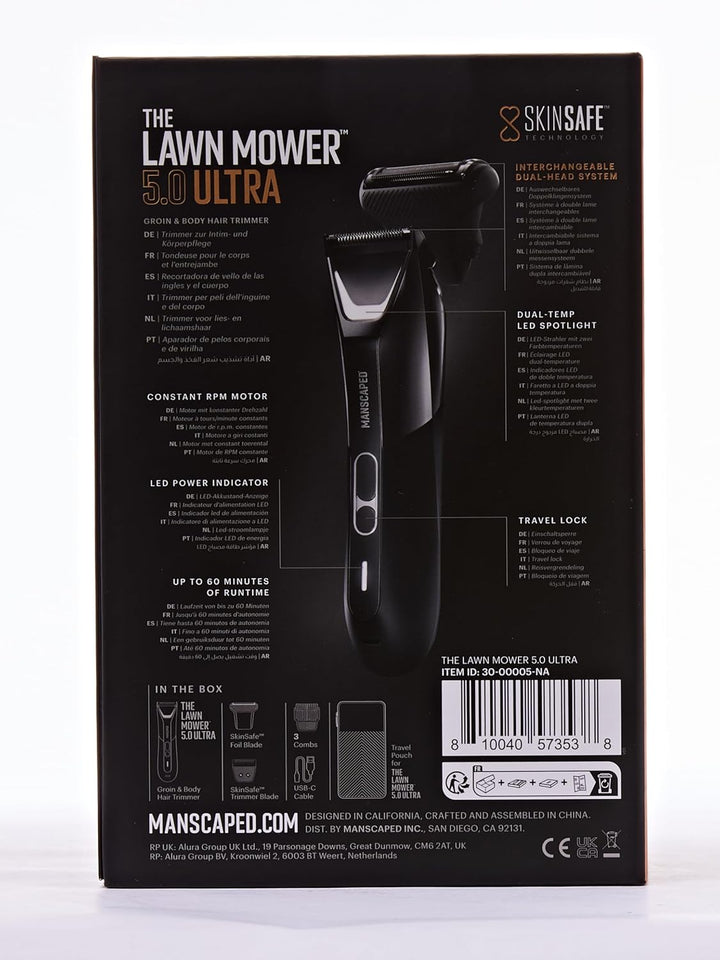 ® the Lawn Mower® 5.0 Ultra Groin & Body Hair Trimmer – Dual-Head Skinsafe® Trimmer & Foil Blades, Waterproof Wet/Dry Groomer, USB-C Rechargeable with Travel Case, Men’S Ball Shaver, Black