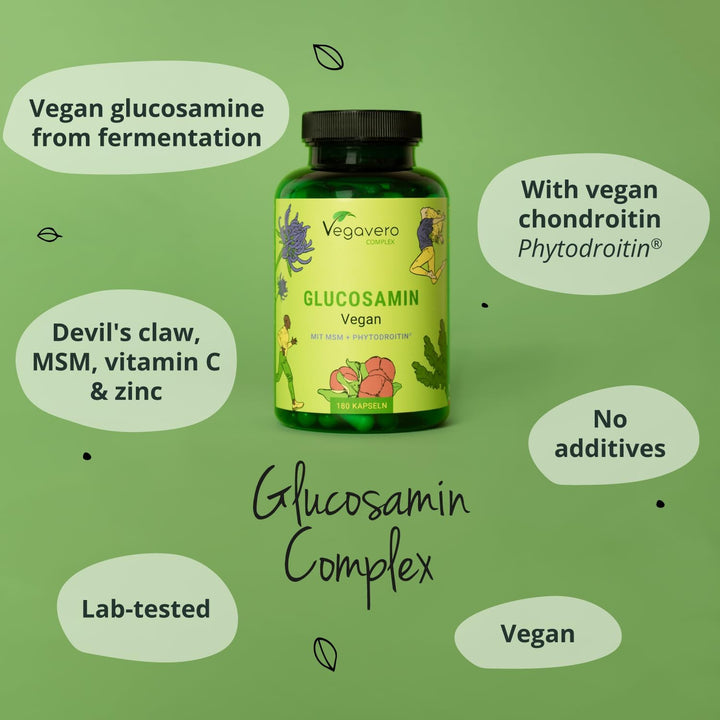 Vegan Glucosamine Complex | with Chondroitin, MSM, Devil'S Claw and VIT C | NO Additives, Lab-Tested | Joint Pain Relief | 180 Capsules
