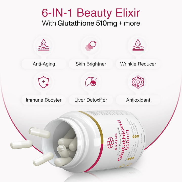6In1 Beauty Elixir with L-Glutathione 510Mg, NAC 102Mg, Hyaluronic Acid 150Mg Glutathione Supplement with 4X Absorption - Immune and Liver Support, Powerful Antioxidant for Skin - 60 Capsules