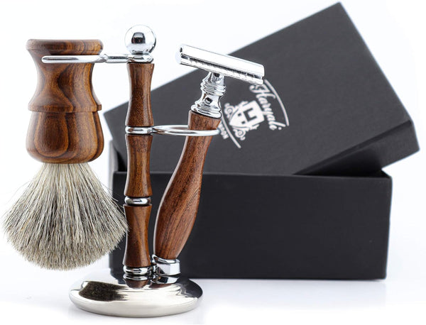 Wooden Shaving Kit for Men – 3 Pcs Double Edge Safety Razor Set with Pure Badger Hair Brush & Shaving Stand – Mens Grooming Kit Wet Shaving Gift Set.