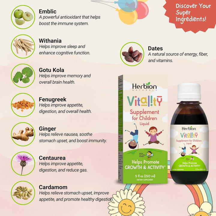 Vitality Supplement for Children - Promotes Growth and Appetite, Improves Mental Performance - Kids 1 Year and above - 150Ml