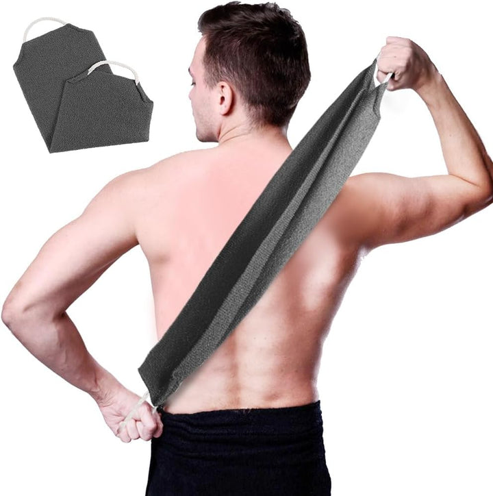 2 Pcs Long Exfoliating Washcloth, Extra Long Exfoliating Body Towel, Deep Exfoliating Towel Natural Body Exfoliator Bath Scrub Loofah, Cleaning Dirt and Dead Skin for Men Women (Black+Blue Grid)